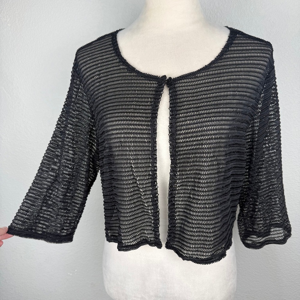 VTG 90's Michelle Lynn Black Mesh Knit Shrug Cropped Cardigan Stretch 3/4 Sleeve